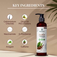 TresRich revitalising shampoo with Anagain and Caffeine to prevent hair loss Also contains cetrimonium chloride, olive oil PEG 7 esters, niacinamide and D - pantheonl