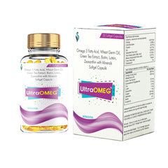 UltraOMEG 30 capsules bottle with biotin and omega 3 fatty acid, for hair growth Also contain green tea extract, zinc, wheat germ oil