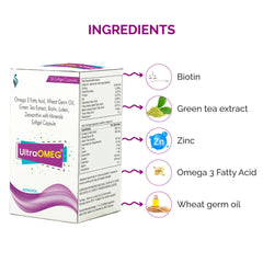 UltraOMEG 30 capsules bottle with biotin and omega 3 fatty acid, for hair growth Also contain green tea extract, zinc, wheat germ oil