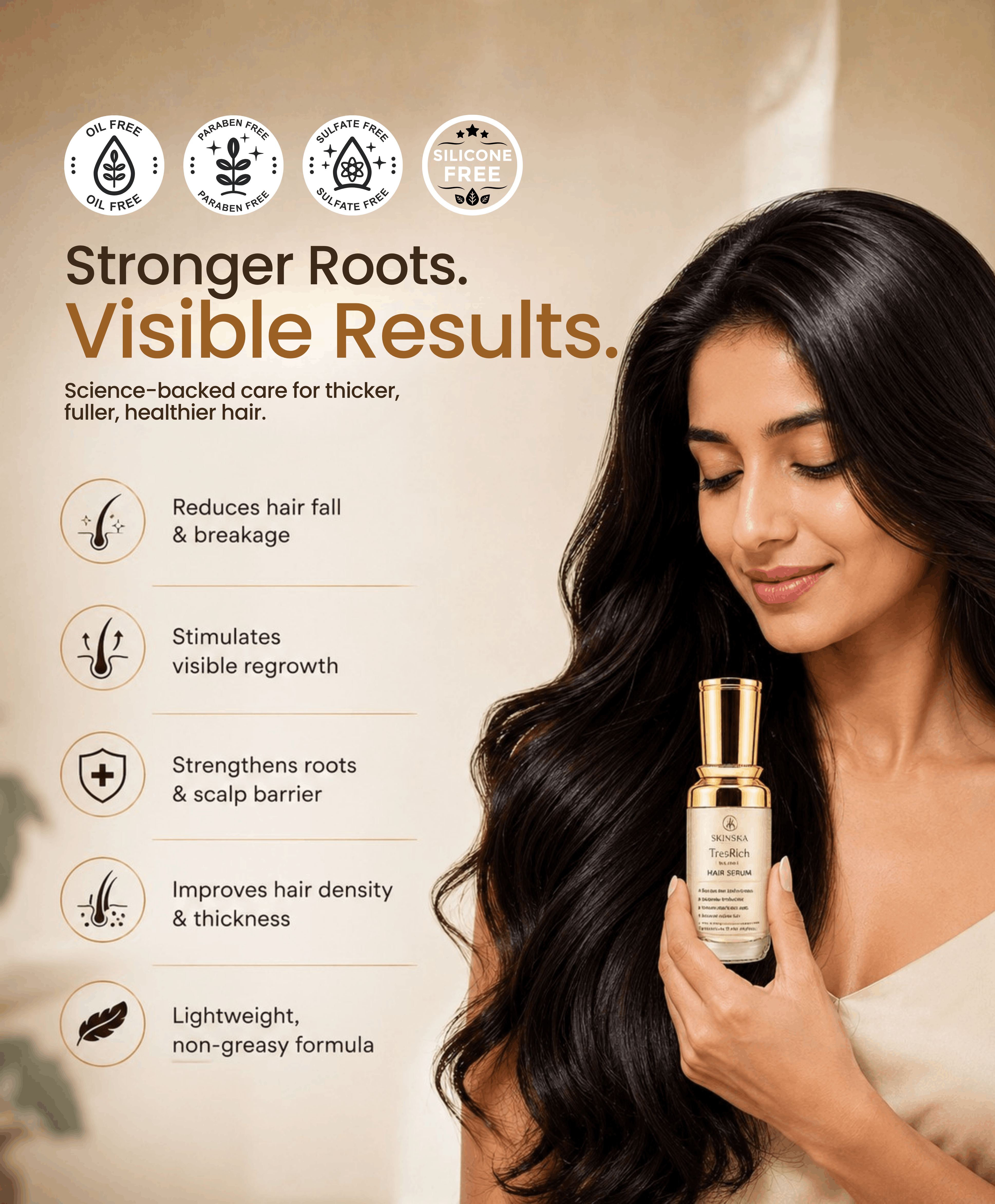 TresRich hair serum with redensyl 3% for hair growth Also contains anagain 3%, procapil 3%, baicapil 4% and symhair force 4% for hair growth