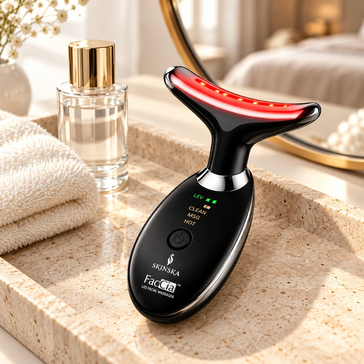 Faccia LED Facial Massager | A Classy At Home Facial Sculpting & Rejuvenation Experience | Refined skincare technology, beautifully designed for everyday luxury