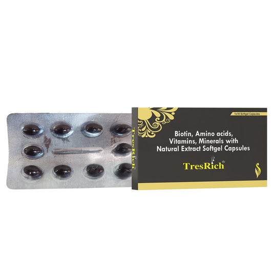 TresRich soft gel capsules, with biotin for hair growth Also contains vitamins, minerals, amino acids and natural extracts (Pack Of 2)