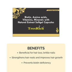 TresRich soft gel capsules, with biotin for hair growth Also contains vitamins, minerals, amino acids and natural extracts (Pack Of 2)