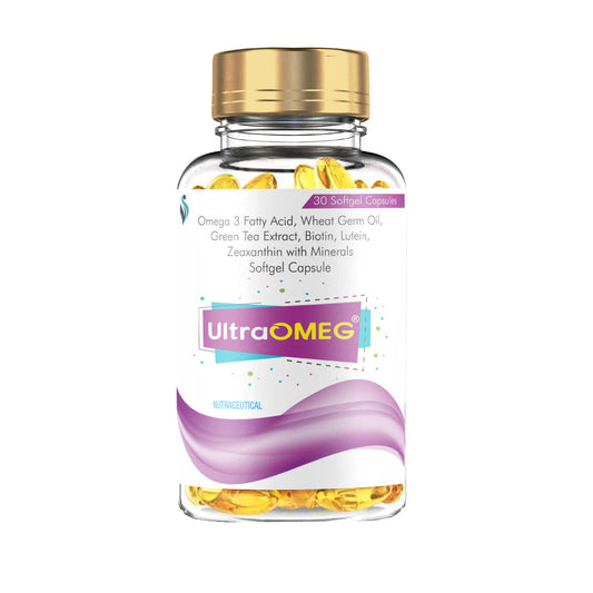 UltraOMEG 30 capsules bottle  with biotin and omega 3 fatty acid, for hair growth  Also contain green tea extract, zinc, wheat germ oil